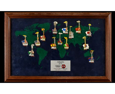 Olympic Interest Coca-Cola Olympic Torch Official Limited Edition Commemorative Pin Set 1936 -1996 Fourteen enamel pins, fram