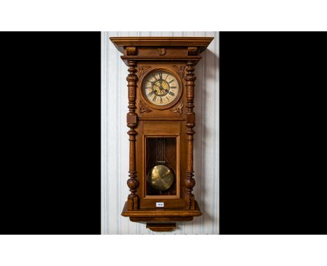 Walnut Cased Vienna Wall Clock In Art Nouveau Style Cream Chapter Dial With Roman Numerals, carved column supports,Spring Dri