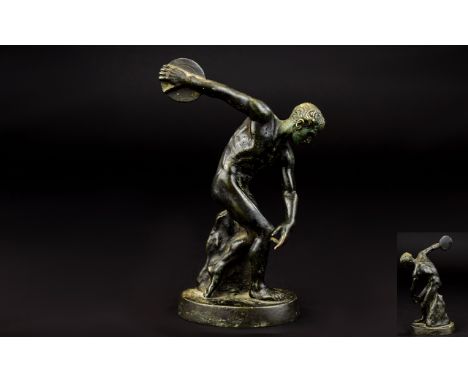 Classical Style Early 20th Century Cast Bronze Figure In The Form  Of A Greek Discus Thrower Small bronze figure after the an