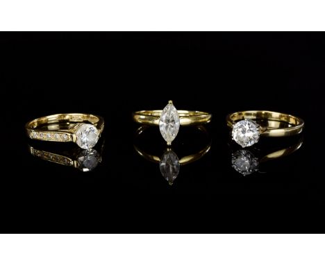 Ladies - Small Collection of Impressive Single Stone C.Z Dress Rings ( 3 ) In Total. All Set In 14ct Gold Shanks and All Full