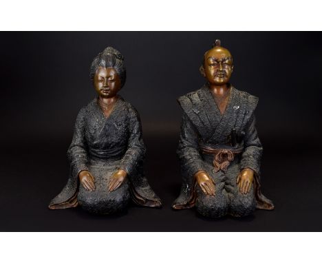 A Pair Of 20th Century Japanese Patinated Bronze Empress Figures Two kneeling figures, the first in the form of a Geisha, sec