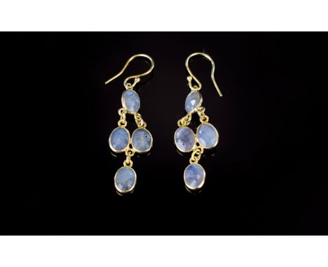 Labradorite Drop Earrings, each earring comprising four oval cut briolette labradorites, set in gold vermeil and silver, in a
