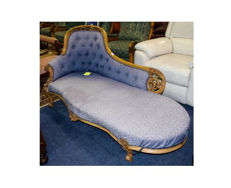 Victorian Walnut Carved Framed Chaise Longue, Of Typical Form Upholstered In pale blue Fabric , Short Cabriole Legs, Of solid