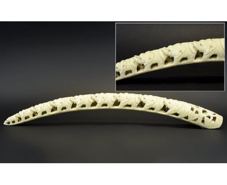 Antique Period Finely Carved Ivory Tusk of Elephants Figures In a Graduated Form. c.1890's - Please See Photo. 24 Inches In l