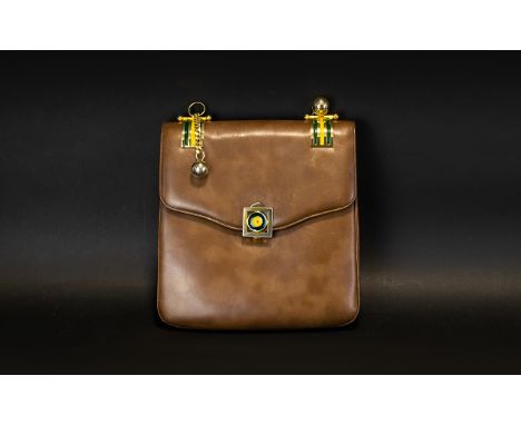 Vintage Mary Quant Handbag A 1970's brown leather envelope bag with gold tone chain shoulder strap and unusual ball and eyele