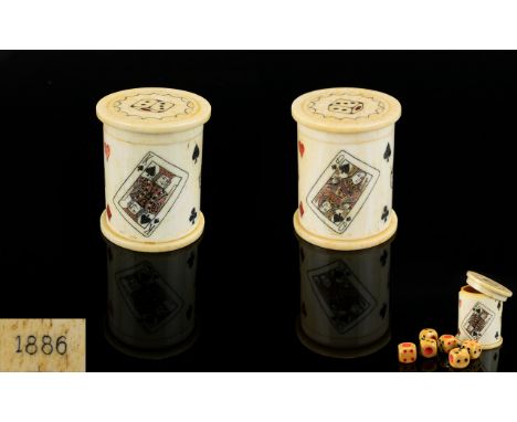 Antique Period Very Fine Quality Handmade Cylindrical Bone Lidded Dice Box. Complete with Six Dices Made of Bone - Within. Us