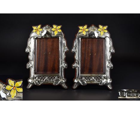 A Fine Pair of Art Nouveau Period - Silver, Enamel and Mahogany Photograph Frames. Both with The Mark of John and William Dix