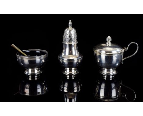 Queen Elizabeth II Solid Silver 3 Piece Cruet Set, Comprises Pepperette, Mustard Pot and Salt. Complete with Blue Liners. Hal