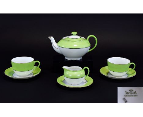 Victoria - Czechoslovakia Art Deco Period Tea for Two - Hand Painted Porcelain Tea Service ( 7 ) Pieces In Total. Comprises 1