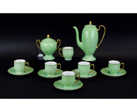 Lime Green Part Coffee Set comprising coffee pot, 5 cups and saucers and  two handled sugar bowl.