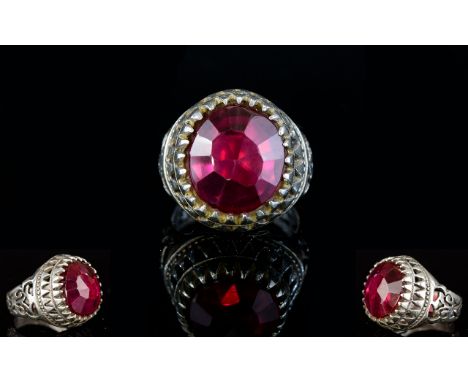 Antique Period Style Handmade Large Single Faceted Ruby Ring, Mounted In Ornate and Open worked Silver Shank. Not Marked, Cou
