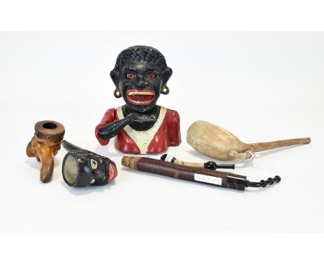 Mixed Lot Comprising Clay Pipe, Novelty Carved Pipe Bowl + 1 Other And A Figural Money Bank