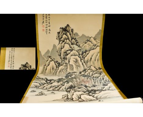 Antique Chinese Hanging Scroll Early 20th century large hanging landscape scroll in traditional Yisebiao one colour mount. Pa