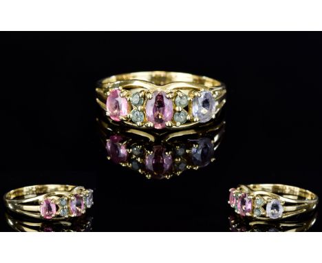 9ct Gold Multi Coloured 7 Stone Set Dress Ring. c.1970's. Fully Hallmarked. Ring Size - R. Excellent Condition. 