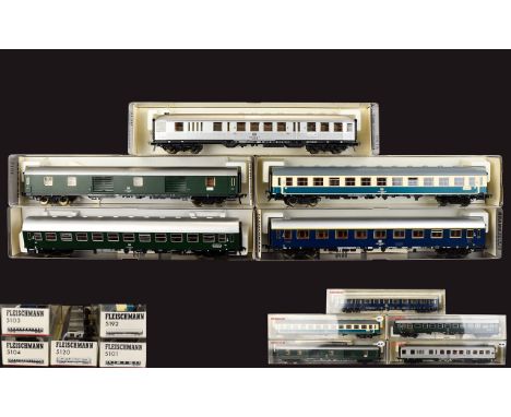 Collection of 5 Fleischmann Vehicles. Comprises 1/ Fleischmann HO Gauge - 5103 OB Blue 1st Class Passenger Car Coach. Boxed &