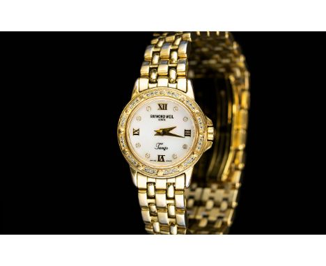 Raymond Weil Gold Tone Ladies Bracelet with mother of pearl detail and set with diamonte stones to bezel.