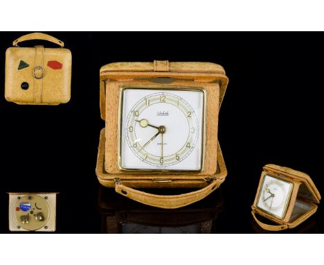 Art Deco Period Wehrle Square Shaped - Mechanical Novelty Travelling Alarm Clock of Good Quality In The Form of a Beige Leath