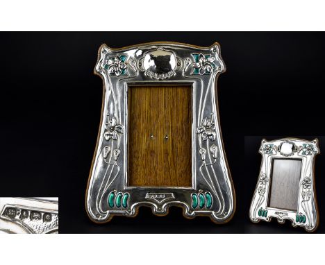 Art Nouveau Period Superb Quality Silver Photograph Frame, with Green Enamel Accents. Hallmark Birmingham 1904, Makers Mark C