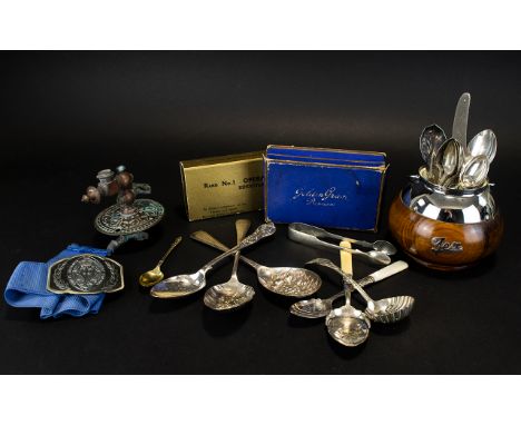 A Box of Assorted Collectables including silver plated flatware, berry spoon, opera glasses, tea caddy etc