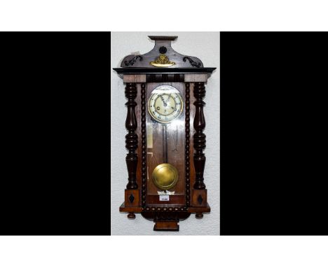Late 19thC Walnut Cased Vienna Wall Clock, Marked GB For Gustav Becker, Cream Chapter Dial With Roman Numerals. Spring Driven