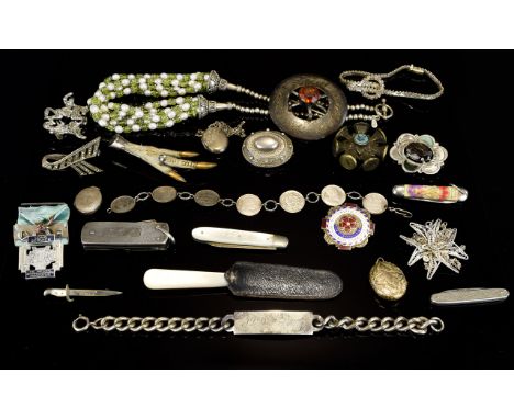 A Collection Of Silver And Costume Jewellery Comprising Mother of pearl fruit knife, small silver pen knife, silver enamel ba