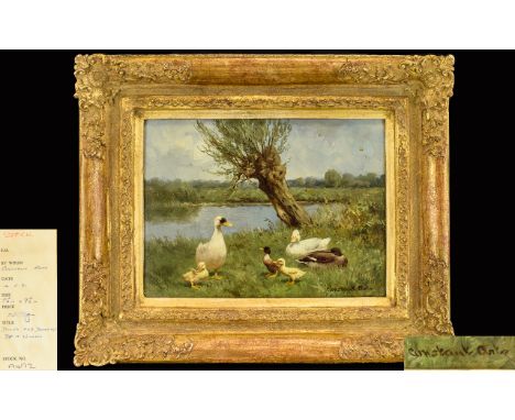 Constant Artz (Dutch 1870-1951) Original Oil On Ply-Panel 'Ducks And Ducklings By A Willow Early 20th century oil on board de