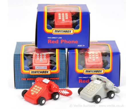 Matchbox group of Promotional Direct Line Red Telephones (1) colour trial model in grey - unboxed, (2) in red, unboxed standa