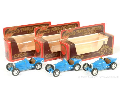 Matchbox Models of Yesteryear Y11 1932 Bugatti Type 51 group; (1) Issue 1 French racing blue body &amp; chassis, brown seats,