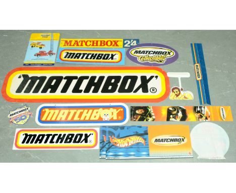 Matchbox a group of Promotional Card Signs the largest of which measures 107cm x 28cm with yellow &amp; red edging, another v