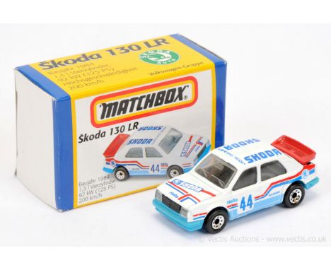 Matchbox Superfast MB44 Skoda 130LR Rally Car - white body with blue and red racing number 44 tampo print which includes "Duc