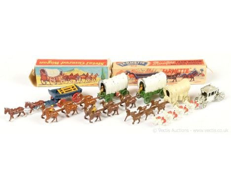 Matchbox early Moko Lesney Toys group (1) Farmette Series No.2 Miniature Farm Wagon and 2 x horses - blue, red wheels, yellow