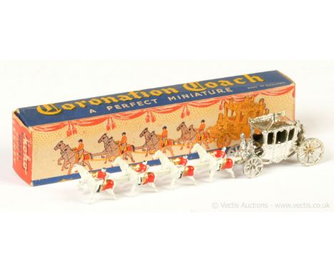 Matchbox early Moko Lesney Toys small scale Coronation Coach - chrome plated coach, white horses and drawbar with red and gol