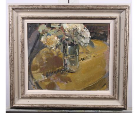 Tom Coates: oil on board, "Light on the Roses", 9 1/2" x 11 1/2", in painted silvered frame