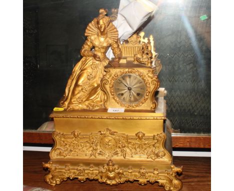 A French 19th Century gilt brass mantel clock with Catherine de Medici figure and eight-day cylinder movement, 17" high