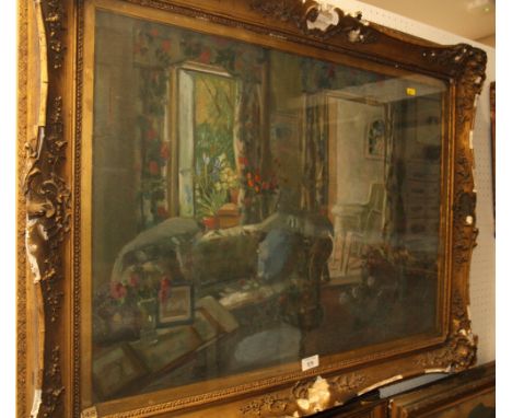 Jessie Gibson: oil on canvas, "Drawing Room at Hyde", 22" x 30", in gilt swept frame