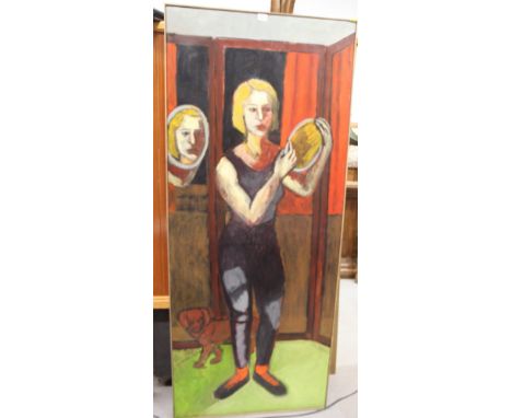 Julie Held 1990: oil on canvas, "Reflections" study of a dancer with hand mirror, 72" x 30", in strip frame (said to be the f