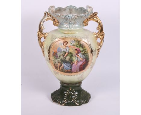 A pair of late 19th Century figure decorated vases, a novelty teapot, an oak mantel clock and other items of decorative china
