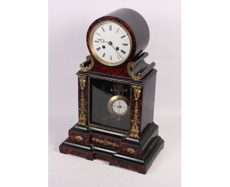 A 19th Century tortoiseshell and ebonised and brass mounted French mantel clock with eight-day striking movement, enamelled d