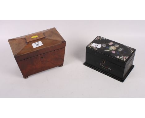 An early 19th Century mahogany two-division tea caddy on bun feet, 8" wide, and a papier-mache and mother-of-pearl inlaid two