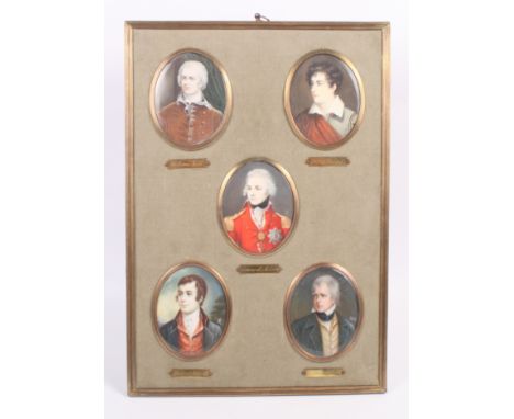 A set of five portrait miniatures on ivory: Admiral Nelson, William Pitt, Lord Byron, Robert Burns and Sir Walter Scott, in i