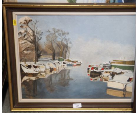 M Haworth Booth 1989: oil on canvas, winter river scene, 15" x 19 1/2", in strip frame, and a larger similar oil, river scene