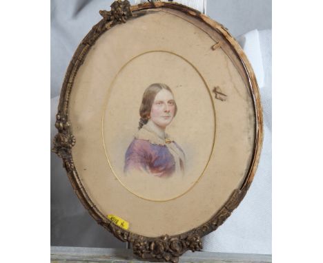 A Victorian watercolour, portrait of a lady in a purple dress, 6" x 4"