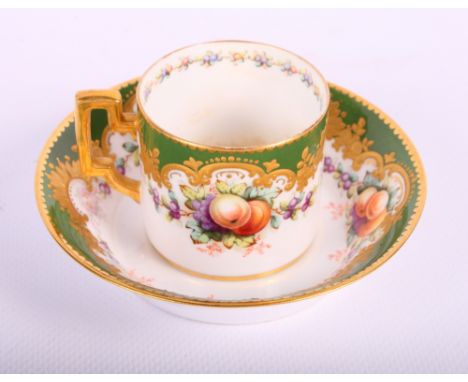 A set of five early 20th Century Copeland bone china cabinet coffee cans and saucers with fruit decoration and green and gilt