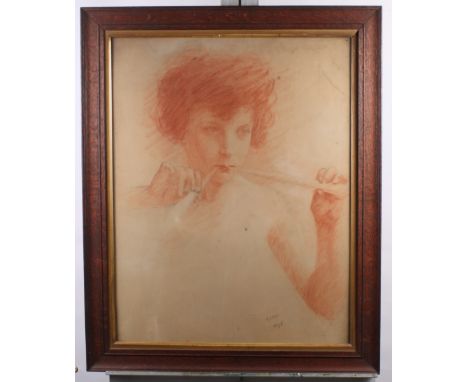 Lion 1896: red chalk and pencil study, pan pipes player, 23" x 18", in oak strip frame, a mid 19th Century pencil and chalk a