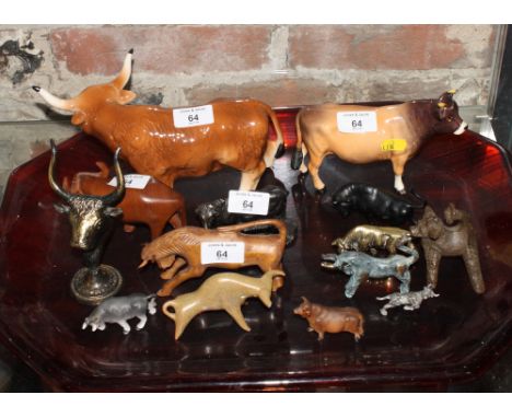 A Beswick bull, "Ch Dunsley Coy Boy" (horns restored), a ceramic Highland cow and a number of other models of cattle