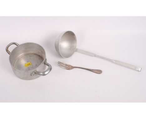 A Nazi issue aluminium ladle, a two-handled cooking pot, 6" wide, and a fork with cutting edge
