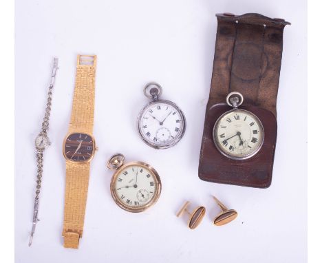 A silver open faced pocket watch, together with two other pocket watches, a marcasite ladies watch, a gents Rotary wristwatch