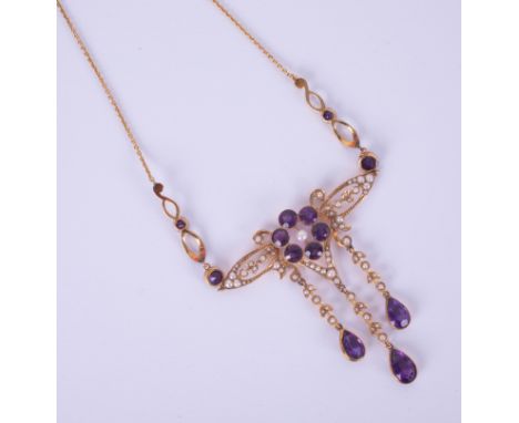 An antique amethyst and pearl set necklace in possibly original box marked 'Kemp Wilcox, Wolverhampton'.
