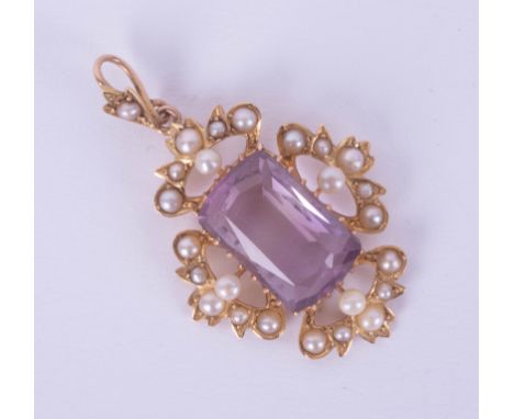 An antique amethyst and pearl set pendant, length excluding drop 27mm.