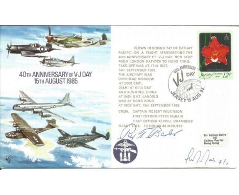 WW2 US fighter ace Rex Barber signed 40th Anniversary of V. J. Day 15th August 1985 FDC. Flown in Boeing 747 of Cathay Pacifi